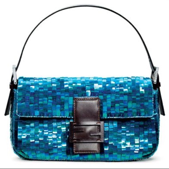 FENDI Navy Blue Sequin Beaded Shoulder Baguette Vintage 90s Bag - Picture 2 of 16